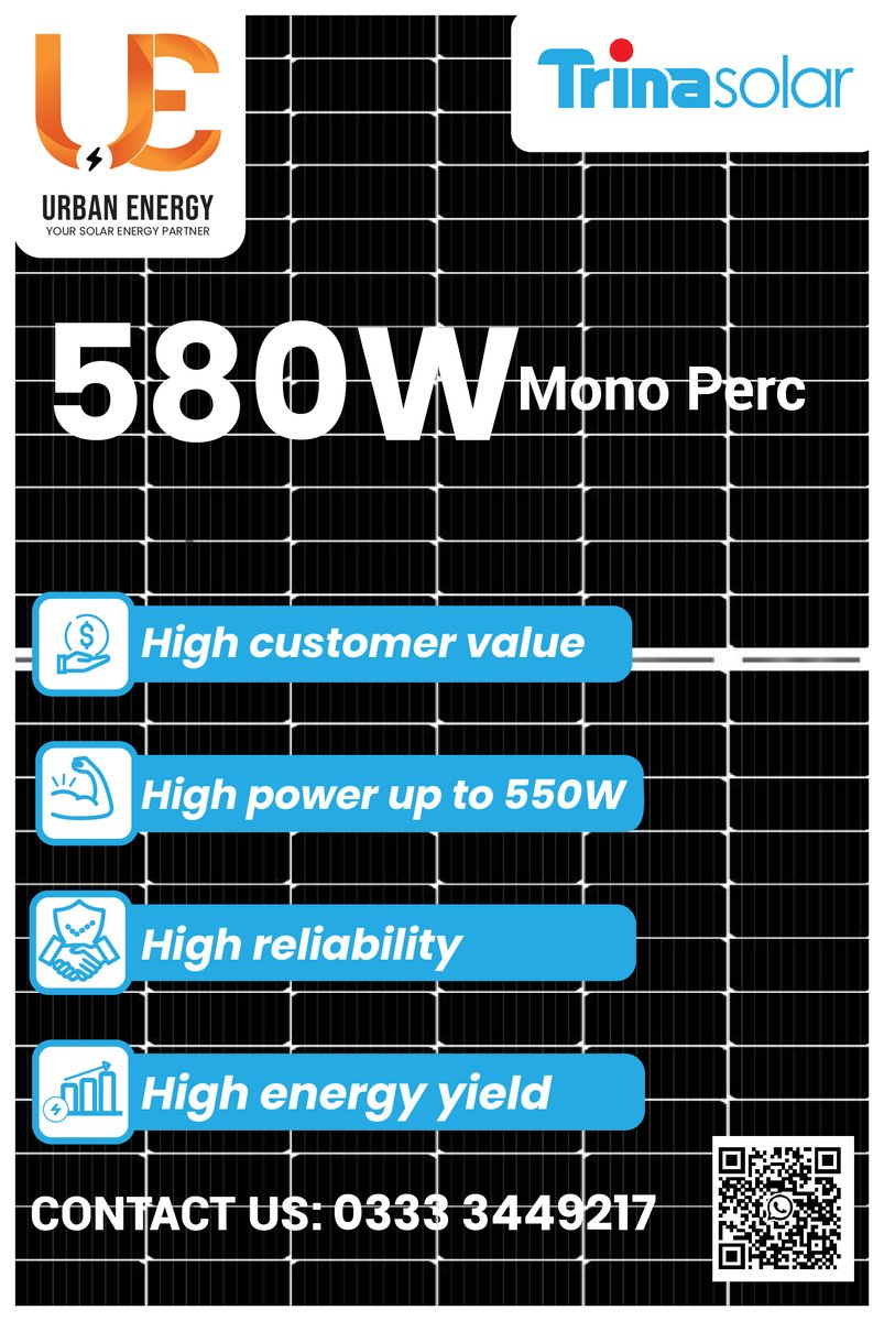 urbanenergypk1's tweet image. Embrace the future of energy with the Trina 580W solar panel. Elevate your sustainability game and join the solar revolution today! ☀️
#ntype #TrinaSolar #SolarPower #CleanEnergy

WhatsApp:+92 333 2516607
Email: info@urbanenergy.pk