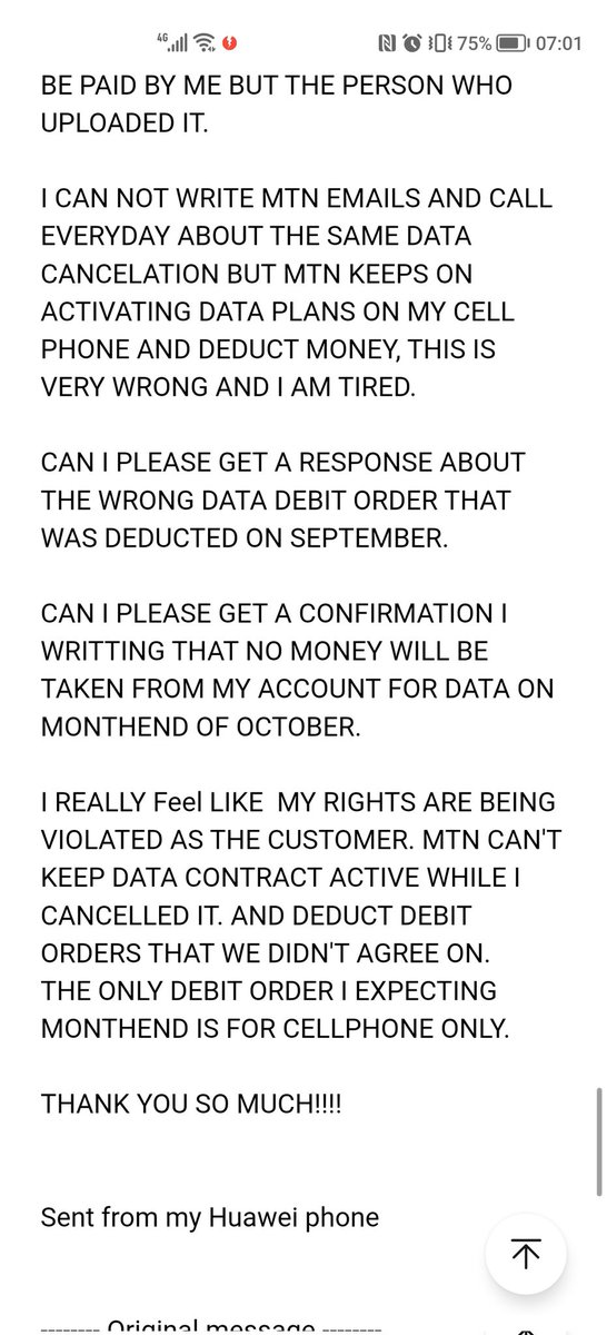 ZNtuba's tweet photo. @MTNza I wrote another email for mtn to assure me that I am not going to have same query end of October but guess what they debited me again for cancelled data contract.
MTN IS A SCAM AND I WANT MY MONEY!!!.
IF MY DATA WAS CANCELLED LATES THEN IS THAT MY FAULT?? https://t.co/CoDnE1joMi
