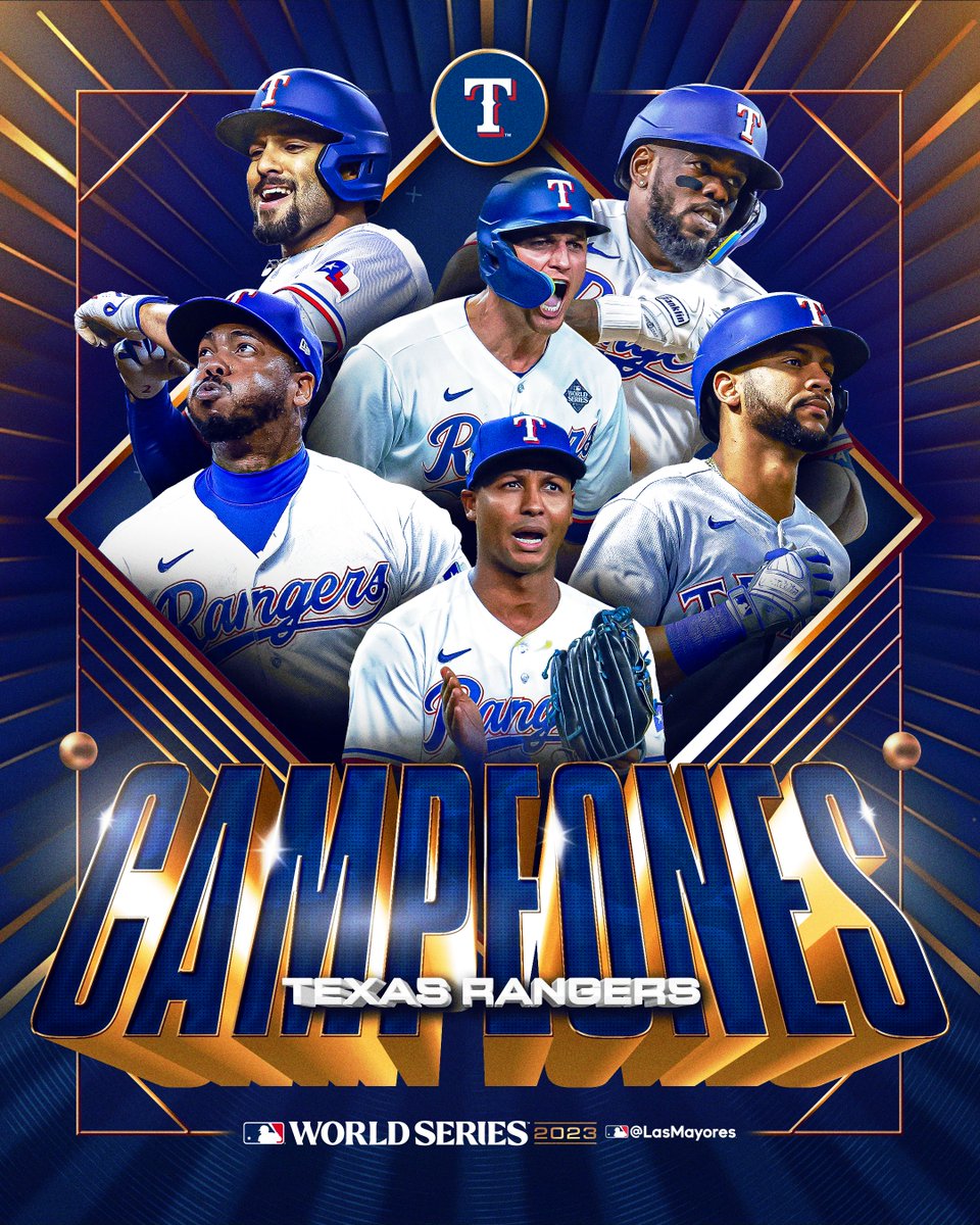 mlbespanol's tweet photo. ¡@LosRangers son CAMPEONES de la #WorldSeries por primera vez en su historia! 🤠🏆 https://t.co/d9wOmKjrOi
