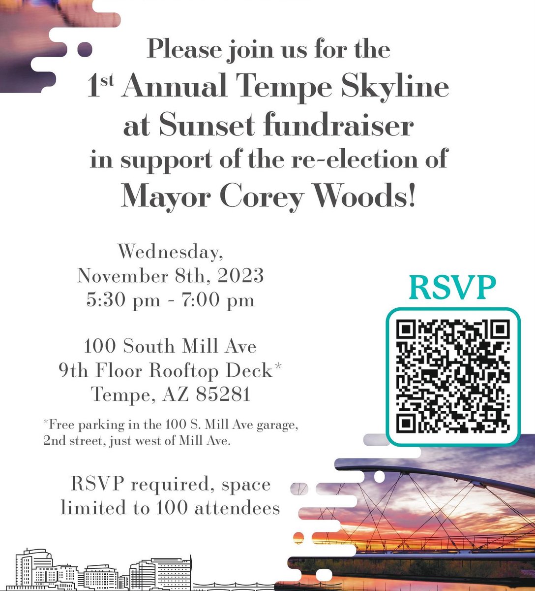 RSVP NOW to support my re-election campaign by joining me for the first annual Tempe Skyline at Sunset fundraiser! Enjoy views of the sunset over Tempe Town Lake &amp; Beach Park from the 9th-floor rooftop deck while enjoying delicious food!

RSVP is required. Scan the QR code.