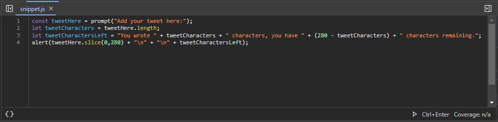 Day 9 of #100DaysofCode. Learned about the length data property and the slice method for strings in JS. Used alerts and prompts with length and slice to simulate X's character count limit in a browser alert box.

This was a great way to see how practical JS can be when coding.