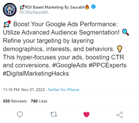 EchoBlackout's tweet image. 🚀 Boost Your Google Ads Performance:
Utilize Advanced Audience Segmentation! 🔎
Refine your targeting by layering
demographics, interests, and behaviors.💡
This hyper-focuses your ads, boosting CTR
and conversions. #GoogleAds #PPCExperts
#DigitalMarketingHacks