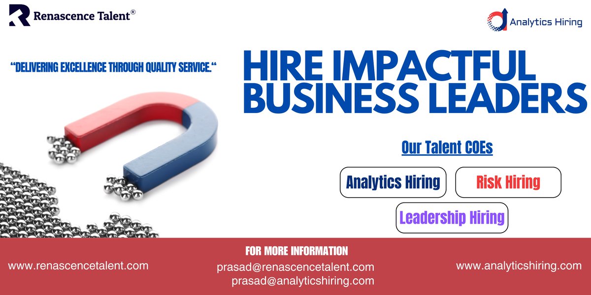 We help our Clients hire Leaders with High Business Impacts!

Our CEOs - Data Analytics Hiring, Risk Hiring & Leadership Hiring

For more details, contact - prasad@renascencetalent.com or prasad@analyticshiring.com

#renascencetalent #analyticshiring #leadershiphiring