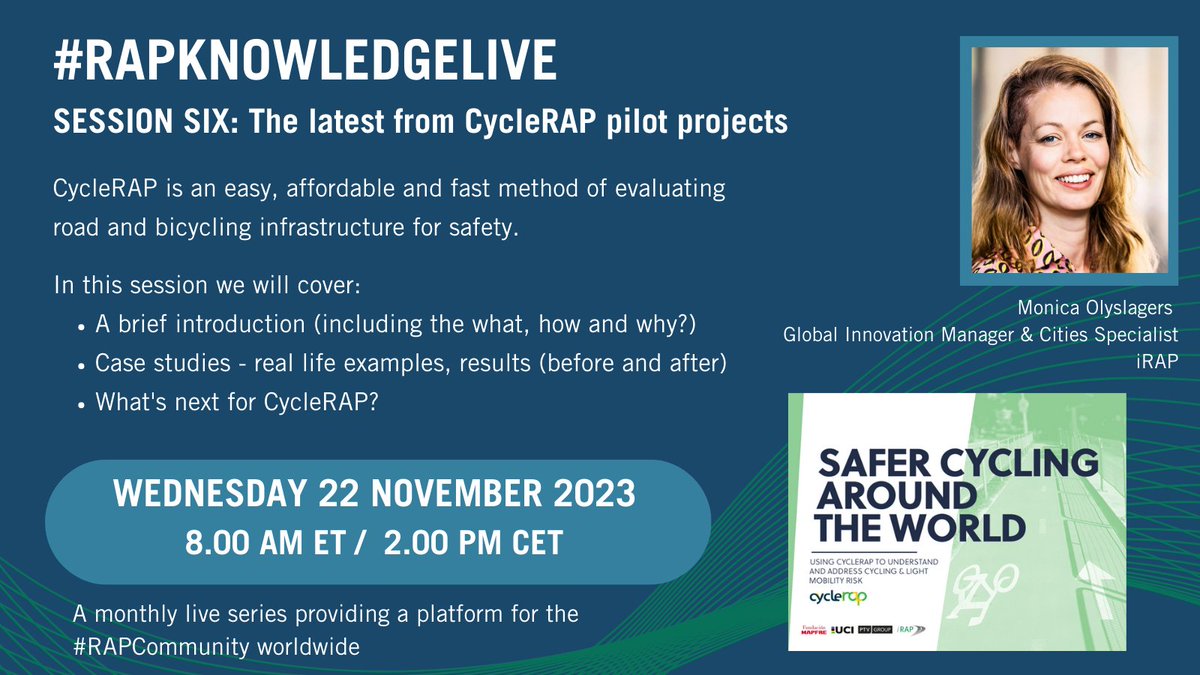 iRAPSavingLives's tweet photo. 📅Our sixth #RAPKnowledgeLive session will be held on 22 November, highlighting the progress of #CycleRAP.
🚲#CycleRAP is an easy, affordable and fast method of evaluating road and bicycling infrastructure for safety.
This session is free to attend
https://t.co/LQEWyYV09C https://t.co/C41T0JXZSr