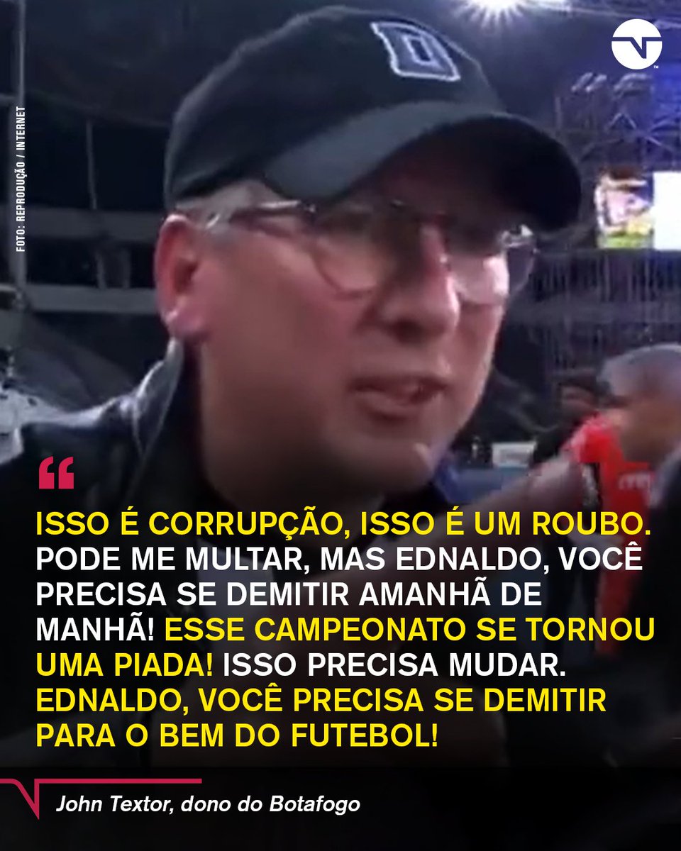 O TEXTOR PEDIU ATÉ DEMISSÃO DO PRESIDENTE DA CBF! 😤🤬😳 O dono do Botafogo ficou FURIOSO com a arbitragem na derrota do Botafogo para o Palmeiras e pediu para que Ednaldo Rodrigues renuncie do cargo! #Brasileirão2023

Crédito: Premiere
