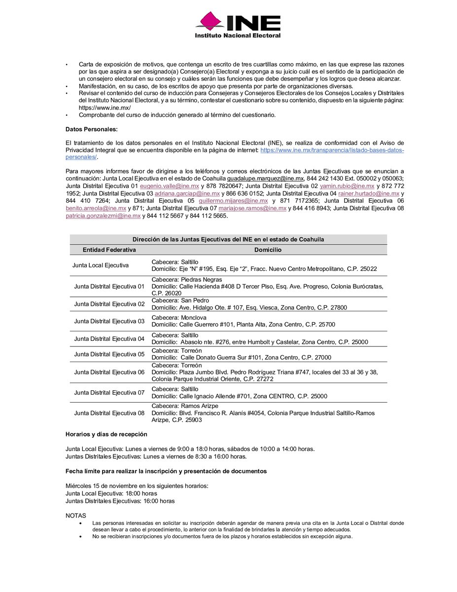 Participa para ser Consejera o Consejero Electoral del Consejo Distrital en la 08 Junta Distrital Ejecutiva en Coahuila.
Tienes hasta el día miércoles 15 de noviembre de este año para presentar tu solicitud de inscripción y la documentación señalada en la Convocatoria.
#INE