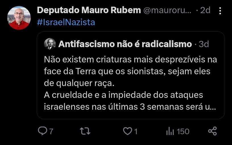 NewsLiberdade's tweet photo. 🚨URGENTE - Deputado petista @maurorubempt posta Tweet dizendo que Israel é Nazista. Por favor @GayerGus ajuda a pedir a cassação desse deputado URGENTE. https://t.co/iwI8vbEq3T