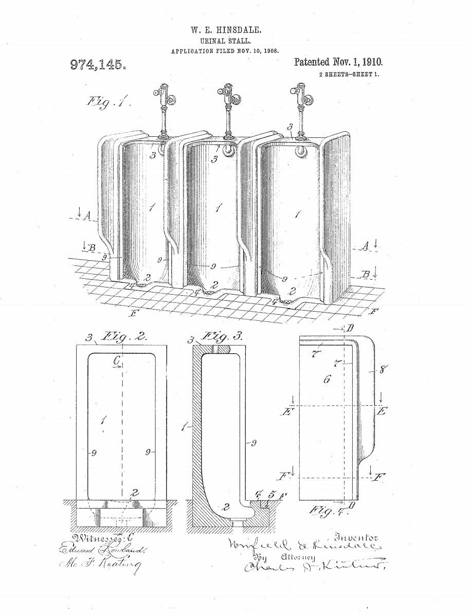 On this date in #innovation history: Winfield Hinsdale receives a #patent in 1910 for his #invention of the now-universal, side-by-side urinal stall in men’s restrooms. Replacing toilets, urinals increased efficiency and capacity for men's public restrooms. #PatentsMatter @uspto