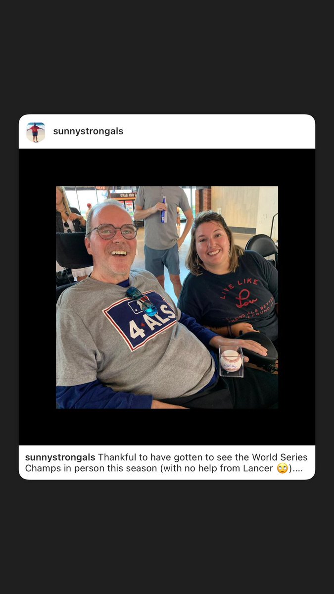 sunnystrongals's tweet photo. Thankful to have gotten to see the World Series Champs in person this season (with no help from Lancer 🙄). Congrats to The @Rangers on a history making season and Thank Goodness for the shortest offseason! #texasrangers #LouGehrigDay #babeswithmobilityaids #alssucks #heralsstory https://t.co/JbchZXvEDG