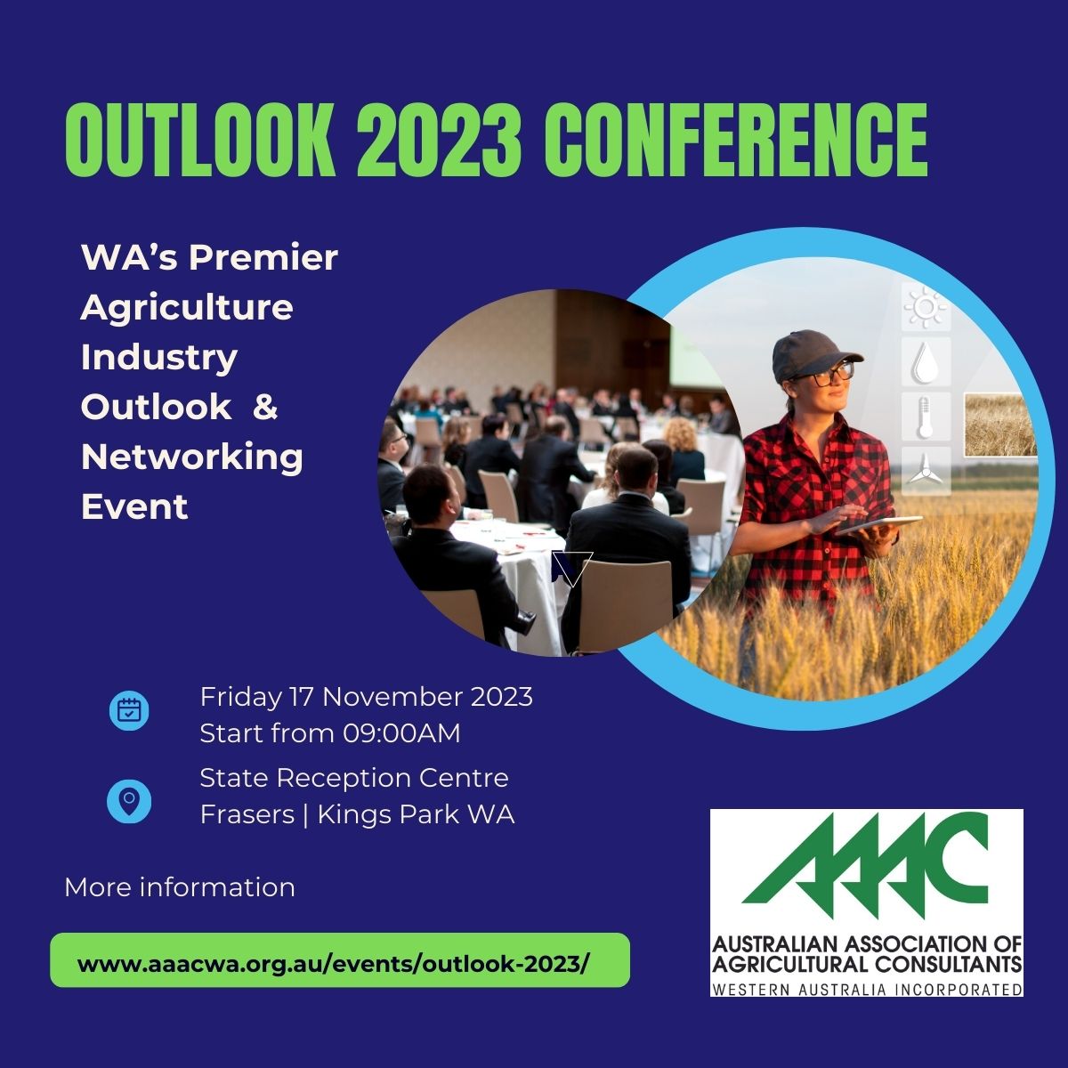 Have you organised your tickets to WA's premier Agriculture Conference and Networking event yet?  OUTLOOK 2023 is on Friday 17 November at the State Reception Centre, Kings Park WA.
For program and registration details go to aaacwa.org.au/events/outlook…