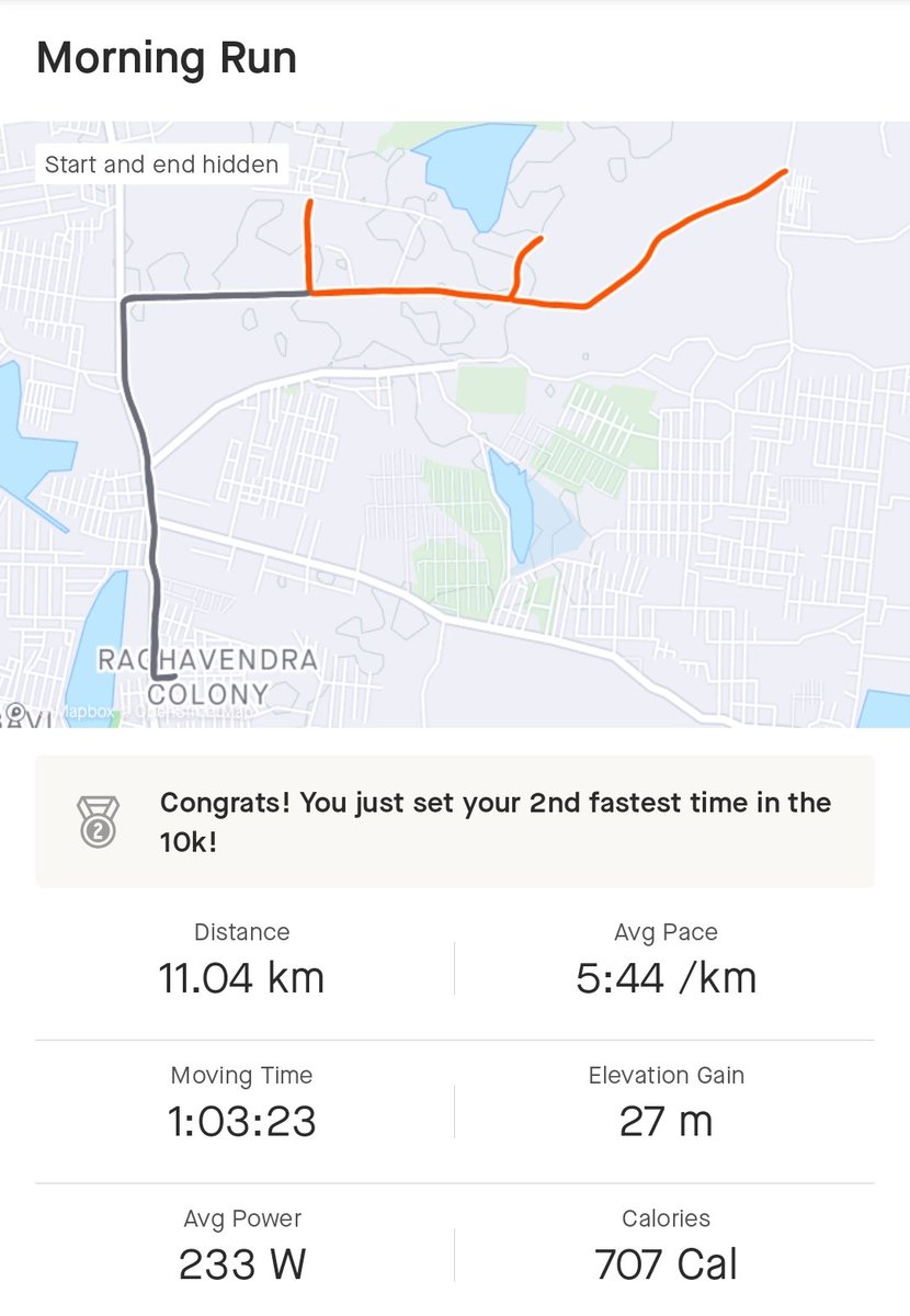 databaaj's tweet photo. #PersonalMilestone today 2 cross 3000 Kms YTD targeting a pace of 5:45. Achieved 5:44. Tried 2 hv PB but couldn't due to stomach cramp after 8 Kms. Happy 2 get 2nd best timing at least.
Thanks 🙏 much #RunningTwitter friends 4 ur selfless motivation!
#Pledge24
#ARRunStats2023 https://t.co/zLDngK9iMC