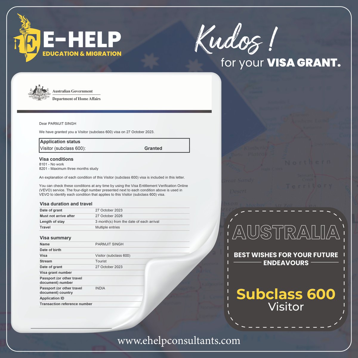EHelp_education's tweet image. CONGRATULATIONS to our clients for receiving their Visitor Visas (subclass 600)!🎉🎉
If you need expert migration advice or are about to apply for any Australian visa, Contact us today!
Call: +61 73172 4965

#SC600 #travel #Australia #VISA #EhelpEducation