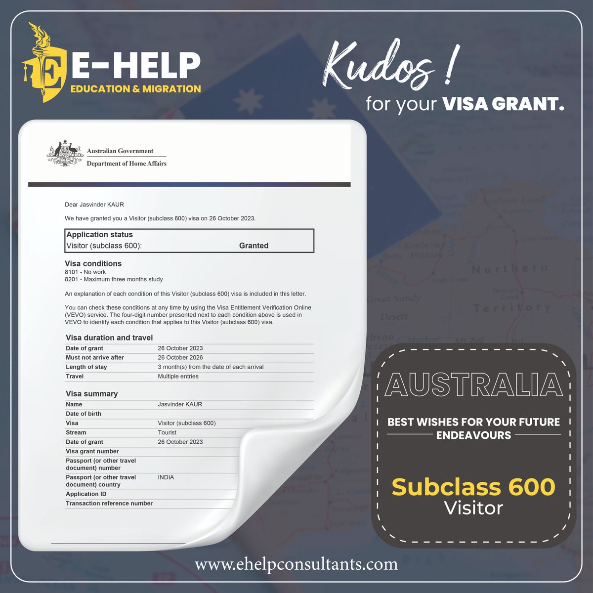 EHelp_education's tweet image. CONGRATULATIONS to our clients for receiving their Visitor Visas (subclass 600)!🎉🎉
If you need expert migration advice or are about to apply for any Australian visa, Contact us today!
Call: +61 73172 4965

#SC600 #travel #Australia #VISA #EhelpEducation