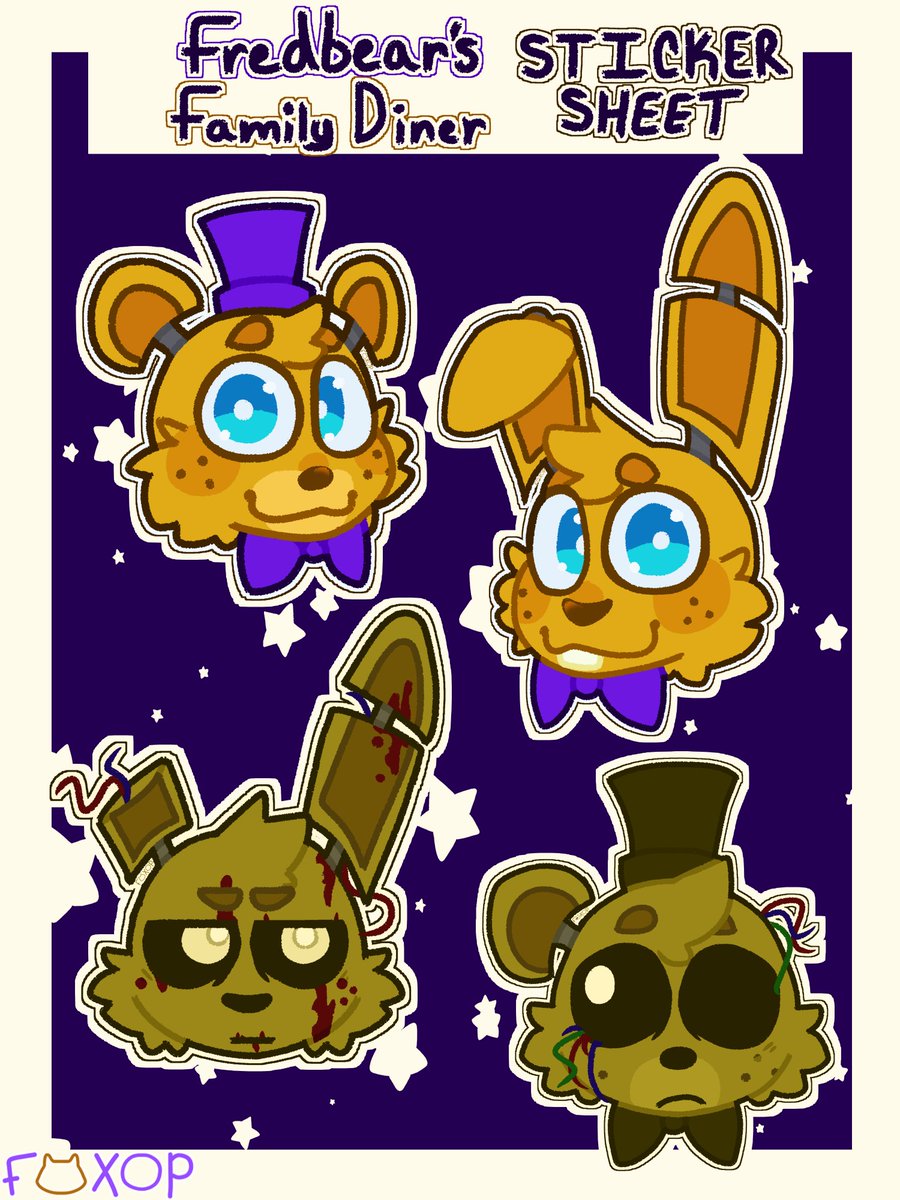 i love drawing my fake little stickers :3
lmk if i should actually make these real!!

#fnaf #fnaffanart #fnafspringtrap #fnafspringbonnie #fnaffredbear #fnafgoldenfreddy #art #fivenightsatfreddys #stickers #stickersheet #fredbearsfamilydiner