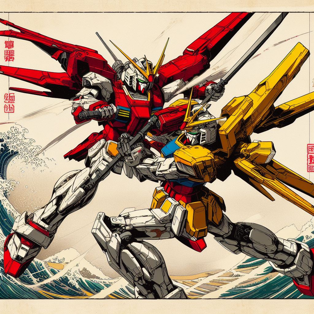 plamodelta's tweet photo. Microsoft BingのAI氏に描いてもらった「浮世絵風ガンダム」。3枚目は浮世絵風というより「花札風」な気もしますが……。でも凄い。
#AIイラスト https://t.co/f08jC2UGgl