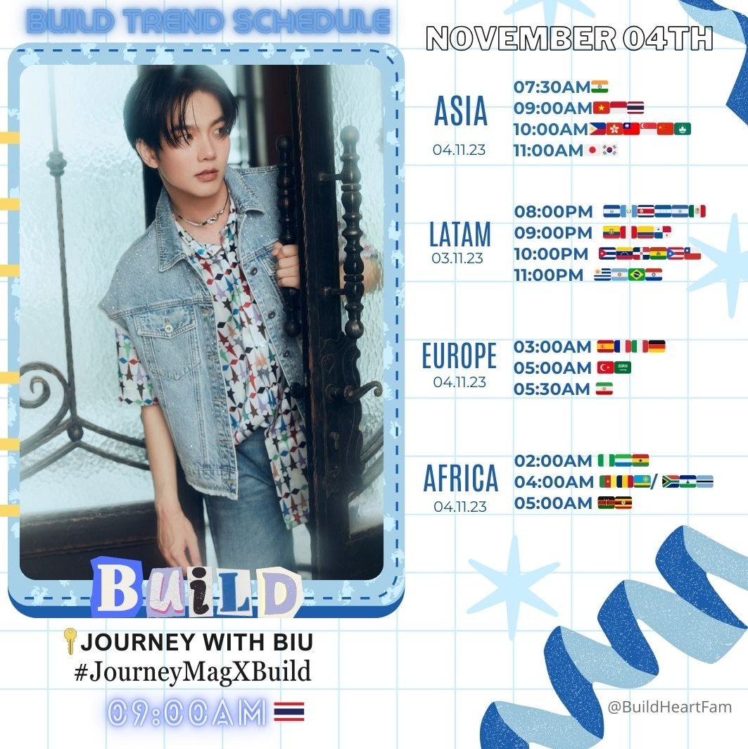 buildheartfam's tweet photo. 📢 𝘽𝙐𝙄𝙇𝘿 𝙏𝙍𝙀𝙉𝘿 𝙎𝘾𝙃𝙀𝘿𝙐𝙇𝙀
Join this important promotion for Biu together with Journey magazine. Let's all be a great team🔥💙
🗓️ November 4th
🔑 JOURNEY WITH BIU
#️⃣ JourneyMagXBuild
⏰ 9 AM 🇹🇭
@JakeB4rever
#BuildJakapan #Beyourluve #AlwaysWithBiu https://t.co/mR8VcdPCEg