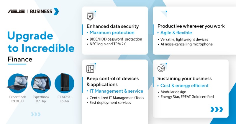 ASUS's tweet photo. Your people and data both need protecting so you can fulfill their potential in finance. Discover how choosing ASUS as your technology partner protects your business in the new world of work. https://t.co/oytbPEabH4
#ASUS #ASUSbusiness #UpgradeToIncredible https://t.co/ZCyLuazvWd