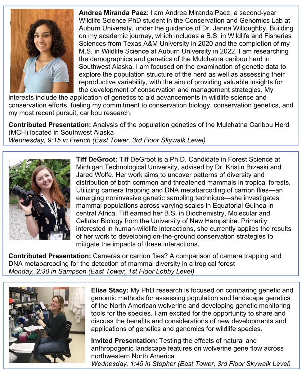 TWS Molecular Ecology Working Group π§¬πΎπ¦πππ² (@tws_mewg) on Twitter photo Please congratulate our 2023 travel award recipients!!! π π
Read more about them below, and be sure to check out their presentations at the upcoming <a href="/wildlifesociety/">The Wildlife Society</a> annual conference! Please congratulate our 2023 travel award recipients!!! π π
Read more about them below, and be sure to check out their presentations at the upcoming <a href="/wildlifesociety/">The Wildlife Society</a> annual conference!