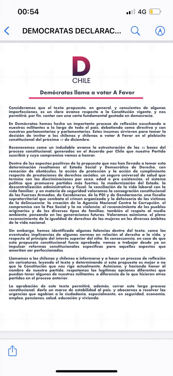 Demócratas <a href="/PDemocratasCL/">Demócratas Chile</a> ha decidido votar A Favor de la nueva Constitución. 

Reconocemos los avances que la propuesta tiene respecto a la actual. Chile merece una Constitución nacida en democracia y que nos dediquemos a resolver las urgencias de hombres y mujeres.