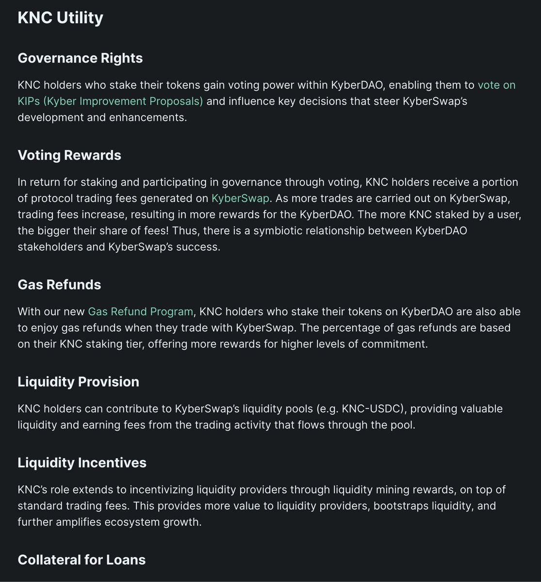 tranvictor's tweet photo. Different from many other projects, @KyberNetwork  never tell people to buy $KNC, even though its utility is stronger than most tokens (not shilling, onchain data is available for verification). Features include:

1. Voting rights in KyberDAO decisions on funds and protocols.
2. Earn rewards for voting, taken from liquidity protocol fees, currently yielding around 4.5% annually.
3. Up to 20% gas fee rewards.
4. Participation in various liquidity farms across multiple chains.
5. Use as collateral for loans on top Defi lending platforms.

More applications to be rolled out this year & 2024. More details in the blog linked in the comments. LFG! 🚀 Read more at https://t.co/JFkWCEhaE4