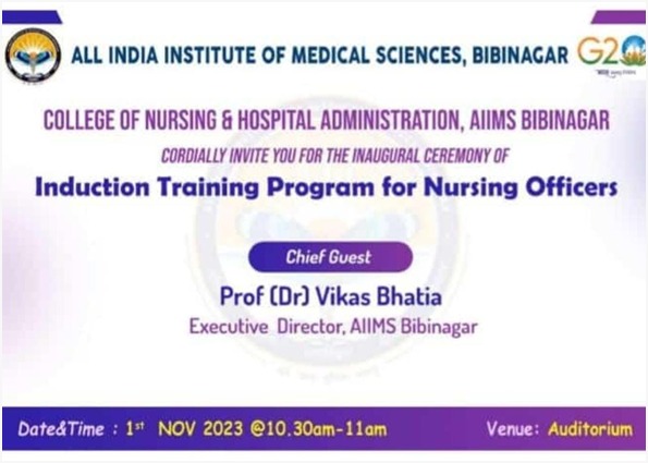 College of Nursing, AIIMS Bibinagar in collaboration  with Hospital Administration organised  inauguration ceremony of  Induction Training Program for Nursing Officers, spanning from Nov 1, 2023 to Dec 28, 2023. This program is thoughtfully divided into 8 distinct phases,