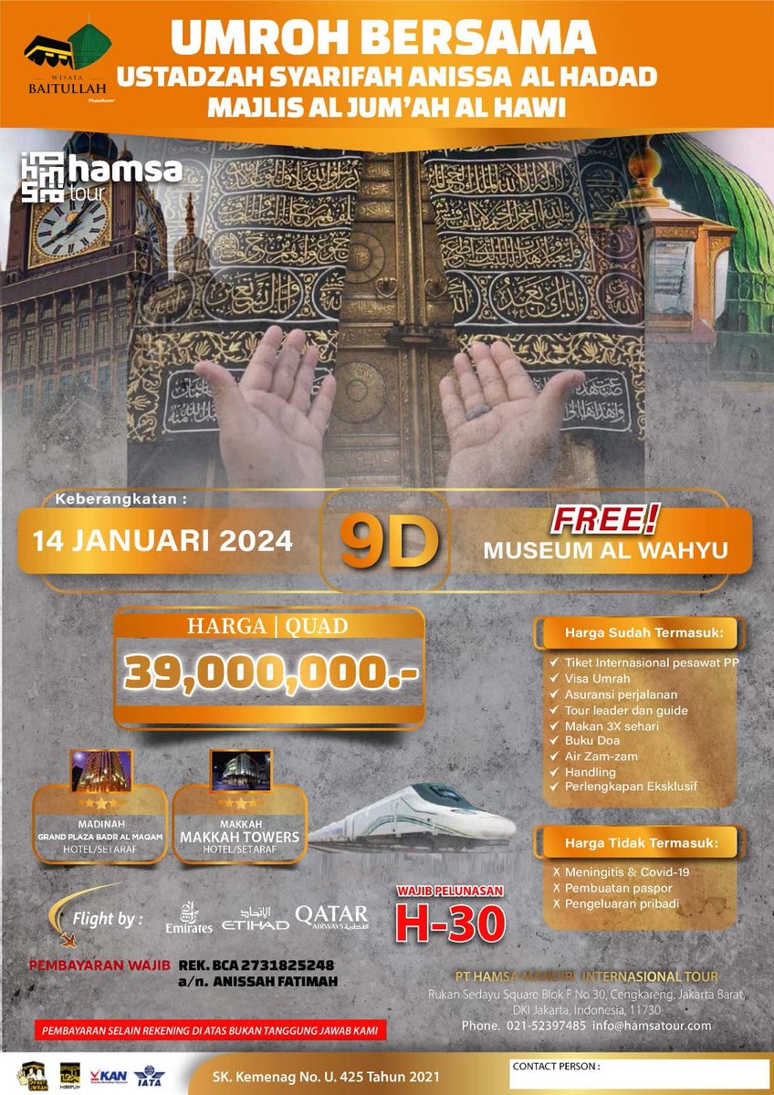 Bismillah yuuk yg mau cari travel in sya Allah Amanah,aman nyaman di wisata baitullah sja..
Inget tanah suci inget Wisata Baitullah..