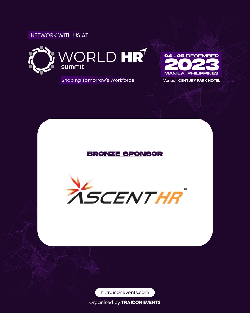 TraiCon_Events's tweet photo. Ascent HR has onboarded as Bronze sponsor at #WorldHRSummit๐
This summit is set to reshape tomorrow's workforce!
Collaborate at https://t.co/igL6ys8ya5
#HRMaverick #WorldHRSummit2023 #ManilaHRSummit #ManilaHRLeadership #HRManila #ManilaEvents #HRRevolutionManila #HRMatters https://t.co/CWncwuF07y