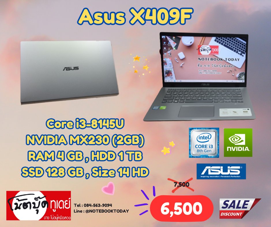 notebooktoday's tweet photo. Asus X409F
i3-8145U (2.10 GHz up to 3.90 Ghz)
NVIDIA MX230 (2GB GDDR5)
Ram 4GB
HDD 1TB
SSD 128GB
จอ 14 นิ้ว HD
สายออฟฟิส พิมงานทั่วไป
ดูหนัง ฟังเพลง
งานกราฟฟิค แต่งรูป
ขายของออนไลน์
ราคา 6,500 บาท
#notebooksecondhand #โน๊ตบุ๊คมือสอง
LINE @Notebooktoday
โทร 084-563-9094 https://t.co/shsH9Hmfnw