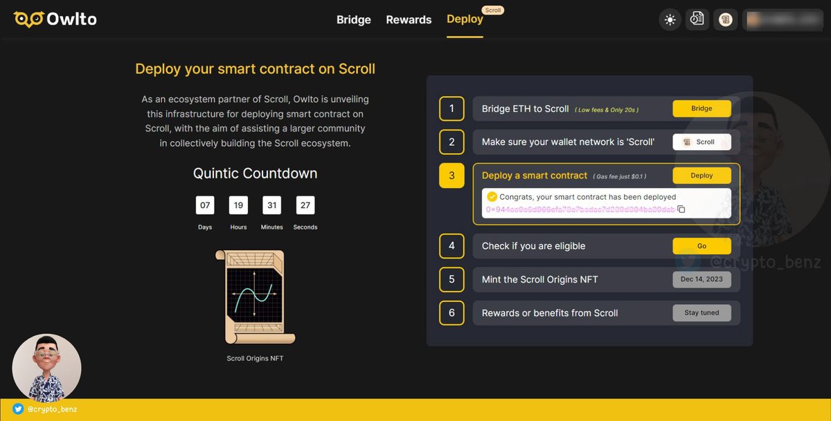 📌 อย่างแจ่ม! <a href="/Owlto_Finance/">Owlto Finance(🦉💛🦉)</a> เปิดฟีเจอร์ Deploy ล่าเควส Scroll อย่างง่าย ทำได้ไม่ถึง 1 วิ 🤯

สำหรับ Scroll ที่เปิดแคมเปญแจก NFT ให้กับนักพัฒนาในยุคแรกเริ่มของเชน จะได้รับ NFT ตามแต่ละ Tier ซึ่งจะนับจากช่วงเวลา Genesis Block เป็นช่วงๆ ไป

และอย่างที่หน้าเช็คสิทธิ์แจ้งว่า "จะมี