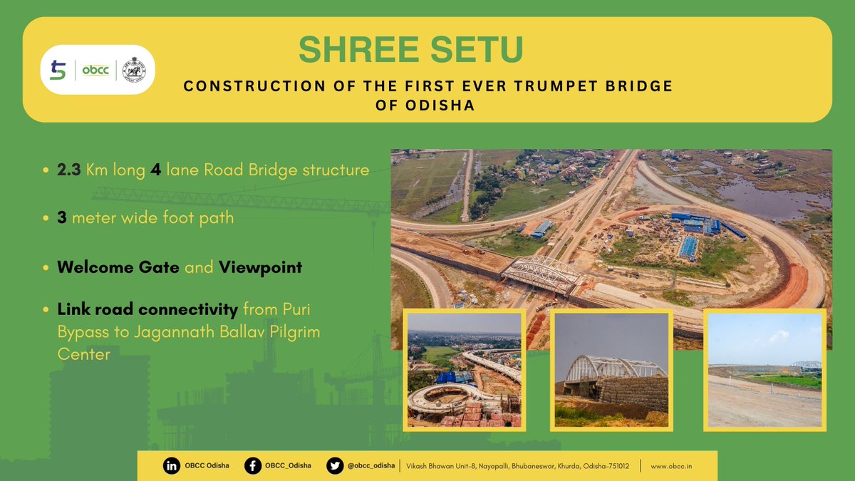 OBCC_Odisha's tweet photo. A visionary project under the #ABHADA scheme led by @Naveen_Odisha the 2.3 Km long 4-lane Road Bridge is the first ever Trumpet Bridge in #Odisha. With a 3m wide footpath, a warm Welcome Gate, and a breath-taking Viewpoint, this project is fast progressing towards its completion https://t.co/ZG8Cd6aXo2