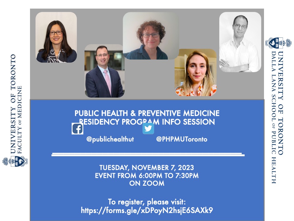Calling all MD students!  Please join us on Nov 7 for our  Public Health and Preventative Medicine info session. Learn more about PHPM, meet a panel of specialists working in different PH roles and network with faculty and residents. To RSVP, use the link on the poster below.