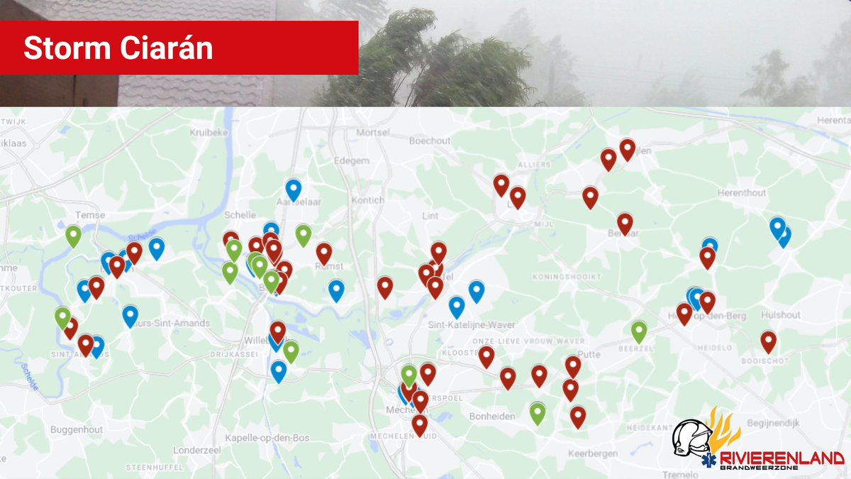 [STORM] #StormCiaran  zorgt voor felle windstoten. We kregen intussen al meer dan 80 meldingen binnen, waarvan veel voor omgevallen bomen en takken. We vragen je dus om geduld te hebben. Schade melden kan steeds via ons e-loket rivierenland.hulpverleningszone.be/.../stormschade