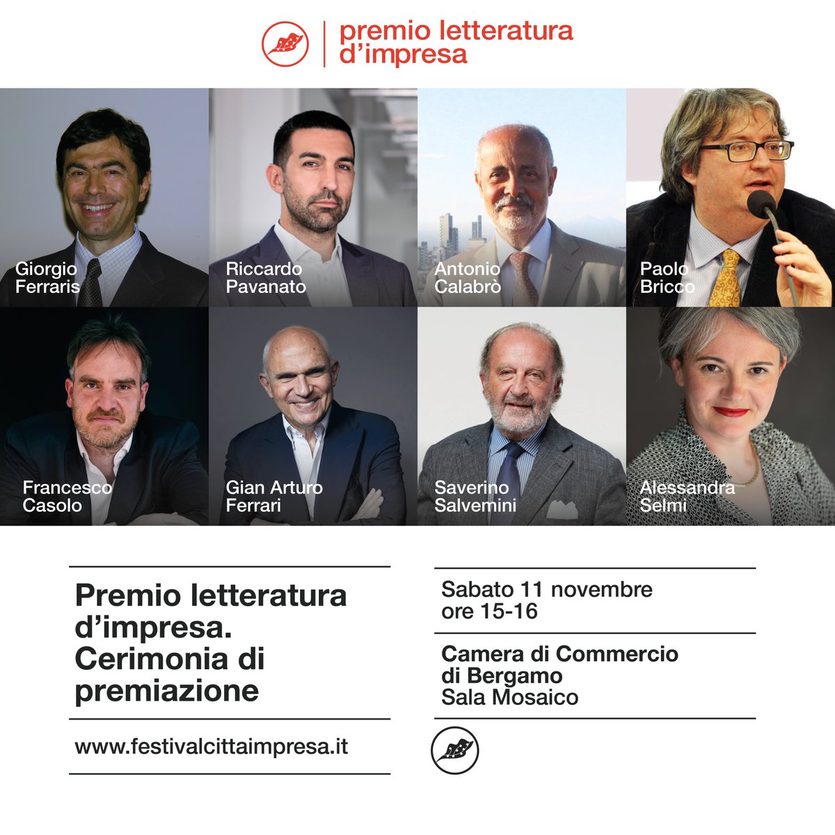 Sabato 11 novembre ci sarà la cerimonia di premiazione del Premio #LetteraturadImpresa con l'intervento di G. Ferraris, R. Pavanato e A. Calabrò. Presenti gli autori finalisti: P. Bricco, F. Casolo, G. Ferrari, S. Salvemini e A. Selmi.

👉Iscriviti qui: festivalcittaimpresa.it/tc-events/ceri…