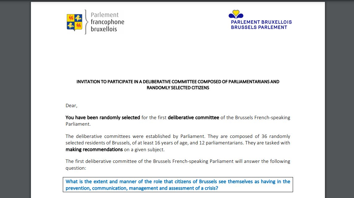 💌🎲Le tirage au sort en politique permet : 1°l'impartialité 2°l'égalité démocratique 3° la démocratie épistémique cf : @landemore. ➡️Les #commissionsdélibératives du @ParlFR_Bxl et @parlbruparl à travers @fodspfbosa envoient 10.000 invitations aléatoires par commission.