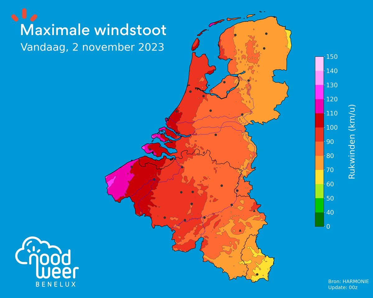 NoodweerBenelux's tweet photo. Nieuwste HARMONIE weersverwachting qua #windstoten is opnieuw forser voor het uiterste westen van België. Windstoten lokaal tot 120 km/u straks. Het #windveld dat nu binnenkomt is nog steeds niet de #piek. Deze wordt verwacht tussen 11u en 16u over de Benelux. #StormCiaran #Ciaran