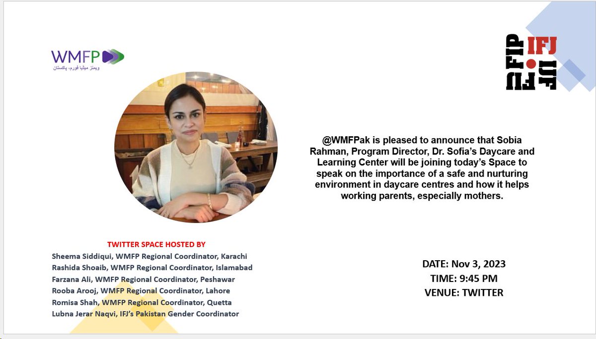 Join us tonight to hear @sobiarahman Program Director of #DrSofiasDaycare&LearningCenter speak about safe and nurturing daycare centres. 
@sheeema
@rashidakianigeo
#workingwomen #journalists