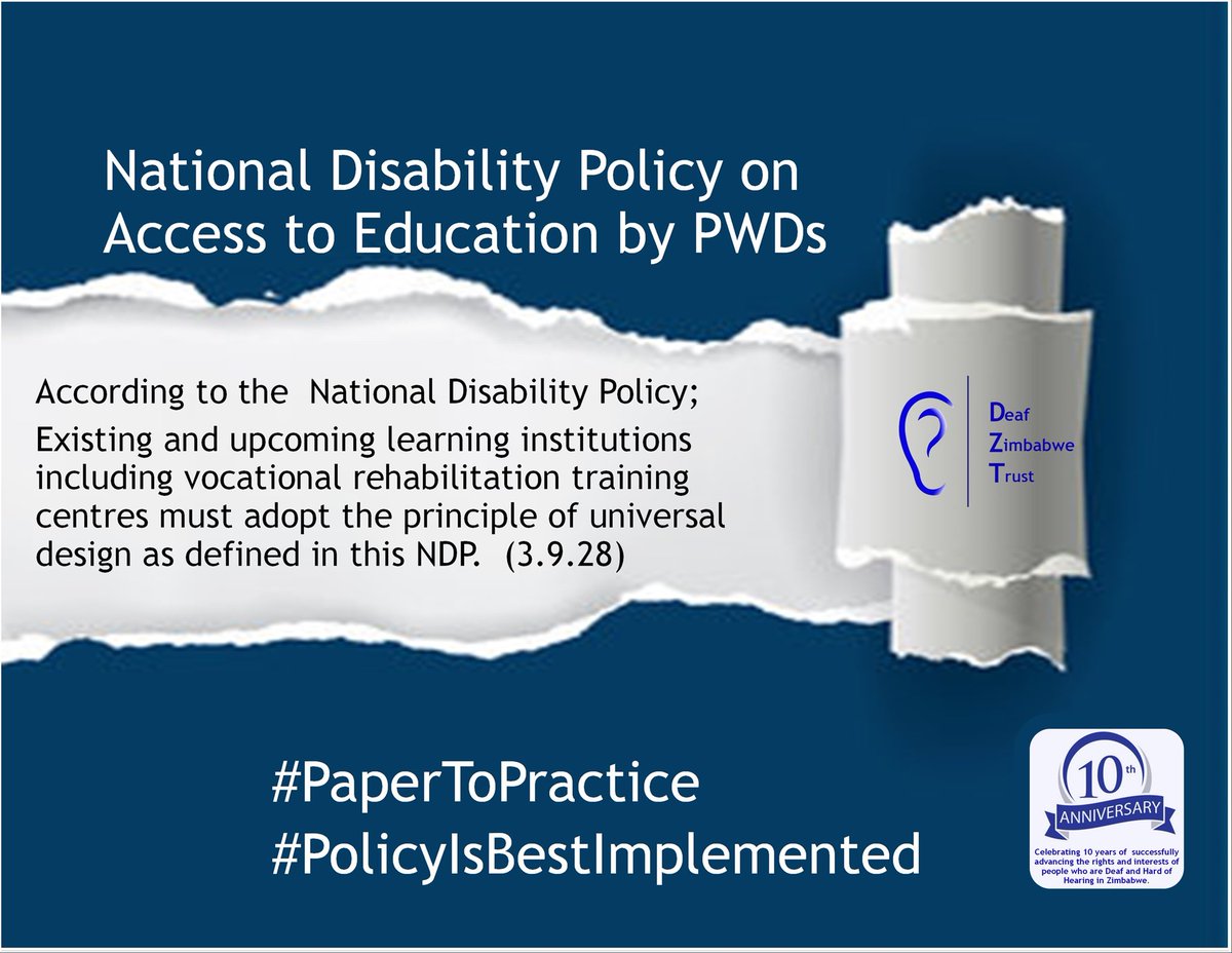 DeafZimTrust's tweet photo. Did you know that according to the National Disability Policy;
Existing and upcoming learning institutions including vocational rehabilitation training centres must adopt the principle of universal design as defined in this NDP. (3.9.28)
#papertopractice
#PolicyIsBestImplemented https://t.co/ELtYR02ZmT