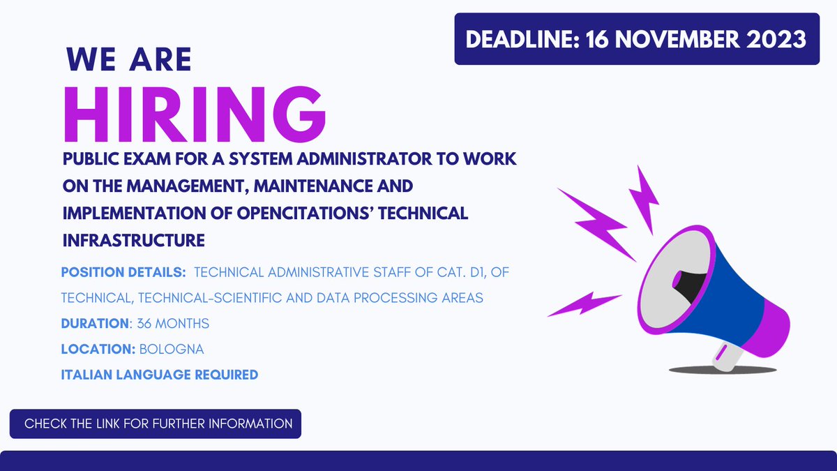 opencitations's tweet photo. New three-year open position to work as a System Administrator on the management, maintenance and implementation of the server and components of OpenCitations' technical infrastructure. Italian language required. 
Call: https://t.co/UcaAqdalWl  
Deadline: 16 Nov. 2023, h.13 CET https://t.co/FvMFan48hv