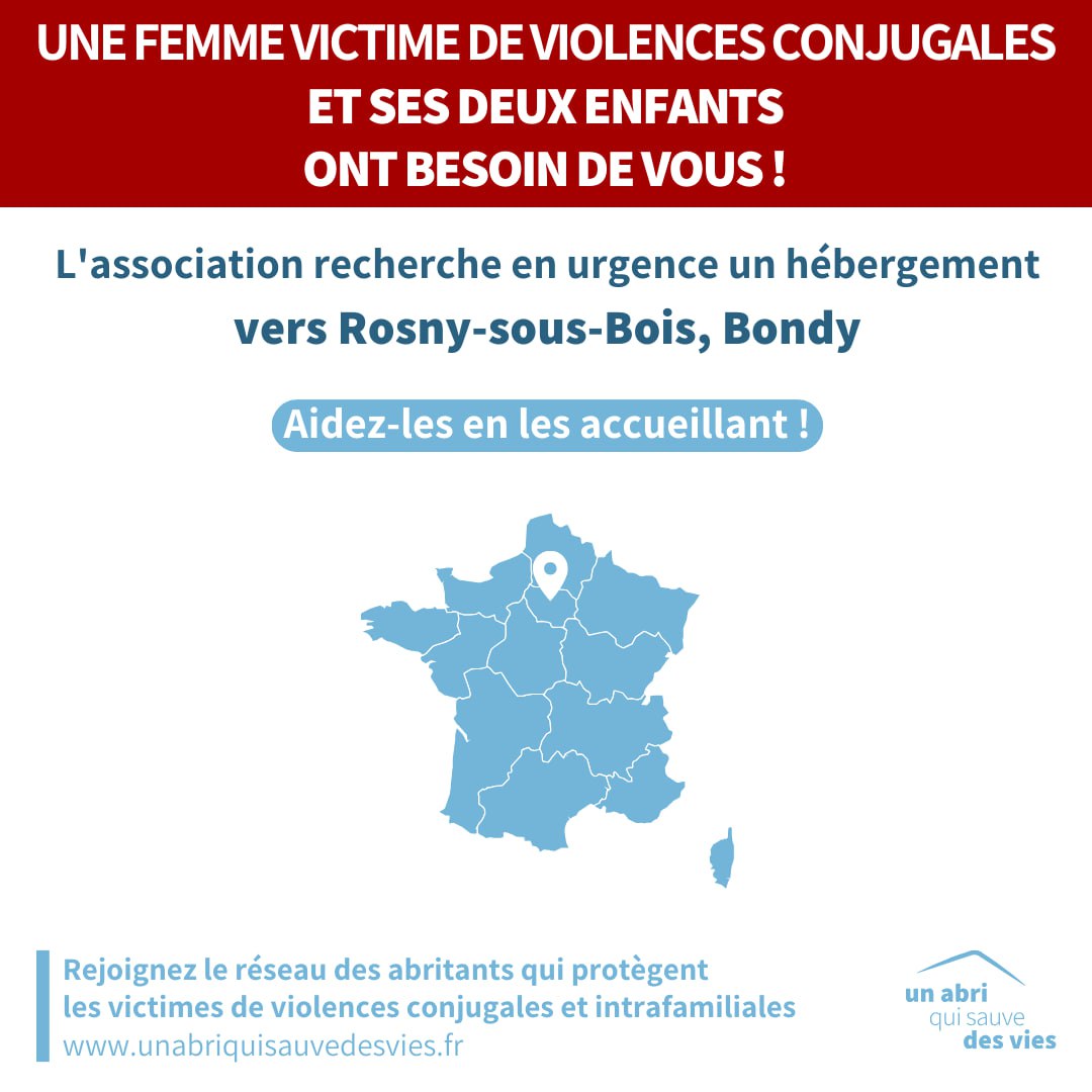 ⚠️ URGENCE VIOLENCES CONJUGALES ⚠️

L'association est à la recherche d'un hébergement le plus vite possible autour de 📍#Rosny ou #Bondy pour une femme victime de #ViolencesConjugales et ses deux enfants.

Pour les aider, vous pouvez les accueillir quelques jours.

1/2