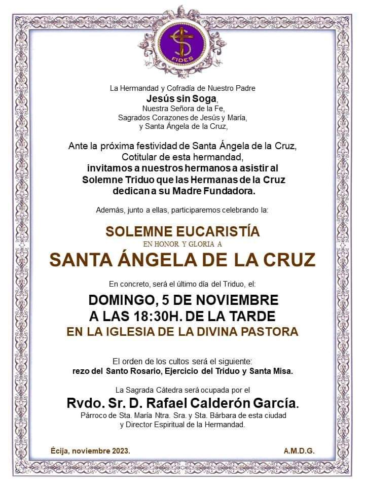 JuventudSinSoga's tweet image. Solemne eucaristía en honor de nuestra titular, Santa Ángela De la Cruz 
📍Iglesia de la Divina Pastora
🗓Domingo 5 de noviembre
🕒18:30