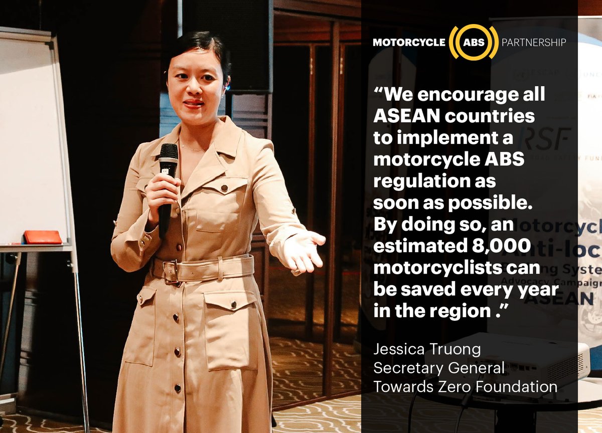 'We encourage all ASEAN countries to implement a #MotorcycleABS regulation as soon as possible. By doing so, an estimated 8000 motorcyclists can be saved every year in the region.' @JessDTruong @UN_RSF ASEAN Motorcycle ABS Advocacy Project kick off meeting in Malaysia.