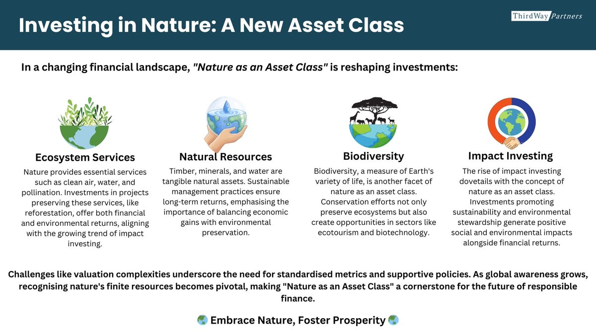 Explore the concept of 'Nature as an Asset Class.' Discover how nature stands independently in the world of finance. 

Click to learn more: thirdway.earth/insightsadmin/…

#ThirdWayPartners #TWPinsights #Nature #NaturalCapital #SustainableFinance #NatureInvestment