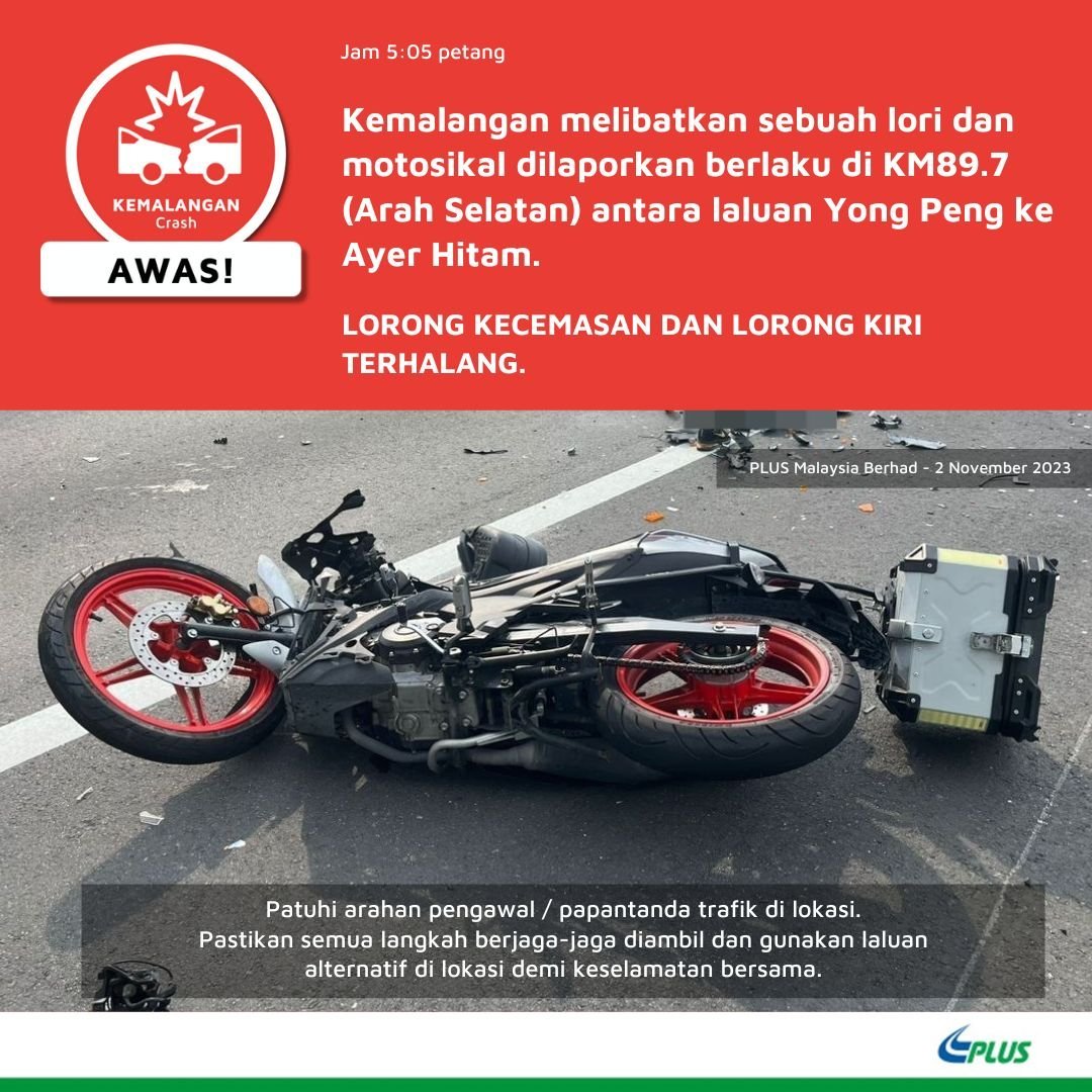 #jbtu (2/11/2023 | 5.40pm) PLUS HWAY: It’s still a half an hour crawl from Yong Peng – Ayer Hitam due to a fatal accident on the left lane at KM89.7