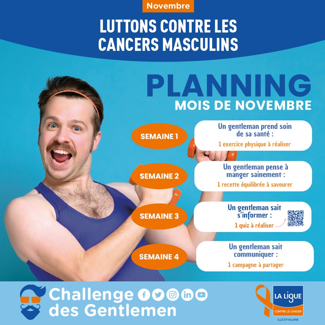 [ Challenge des Gentlemen 👨🏻 ] 

Top pour ce défi qui a pour but de lutter contre les cancers qui touchent particulièrement les hommes. 🚹

Plus d’informations.👇🏻

🌐 bit.ly/ChallengeDesGe…

#LigueCancer #ChallengeDesGentlemen #Gentleman #Défi #CancersMasculins #Prévention #CD35