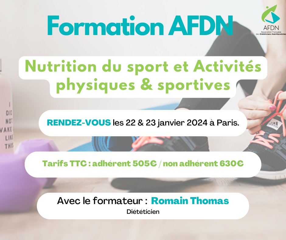 AFDN_news's tweet photo. 👉Formation : Nutrition du sport et Activités physiques & sportives
📆Les les 22 & 23 janvier 2024, à📍Paris !
Si vous êtes intéressé, inscrivez-vous en ligne.
Pour s’inscrire👉 https://t.co/bCDH3v7lFG
#AFDN #Diététiciens #Formation #Qualiopi #Nutrition #Sport https://t.co/e5tF0P1xHd