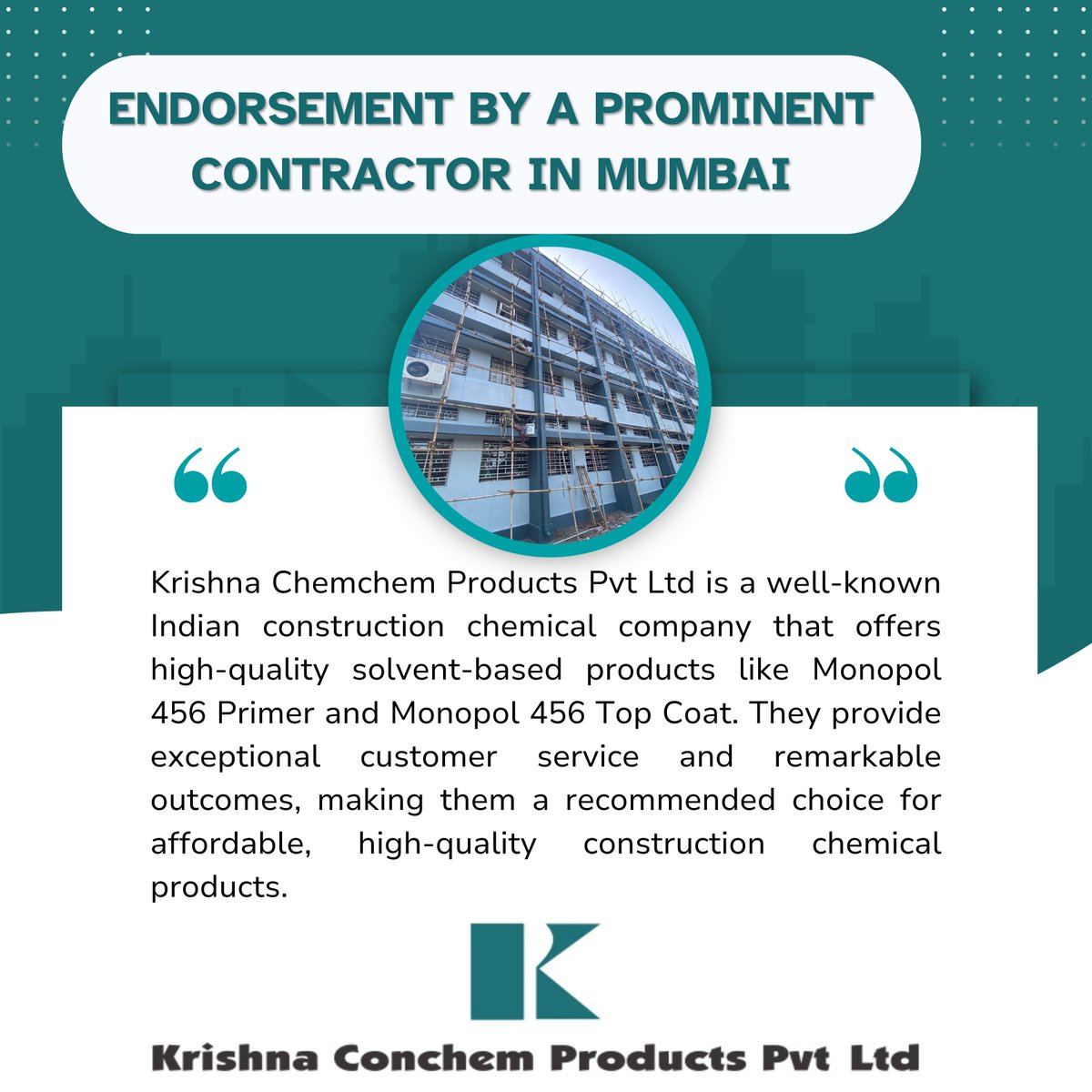 KrishnaConchemP's tweet photo. Discover how Monopol 456 Primer and Top Coat helped one of Mumbai's top contractors achieve impeccable results.
Learn more about Krishna Conchem's high-quality products email us on info@krishnaconchem.com
.
#krishnaconchem #concrete #construction #constructionchemical #kcppl https://t.co/8nINyQMjOK
