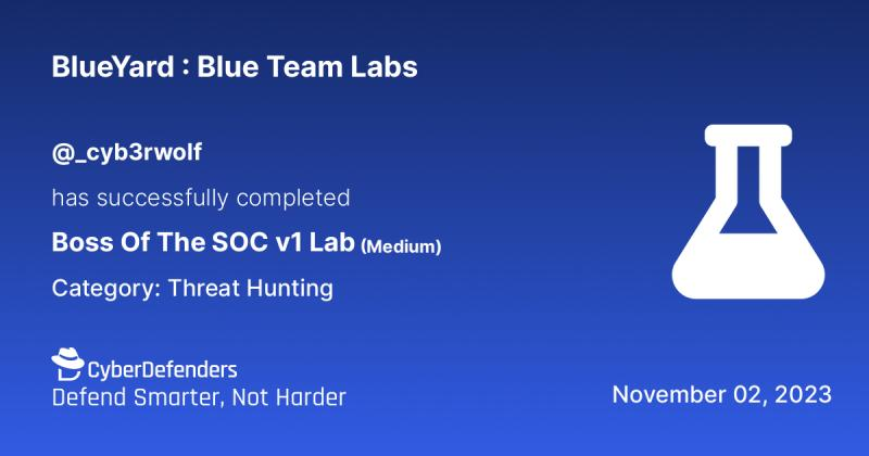 I completed Boss Of The SOC v1 challenge cyberdefenders.org/blueteam-ctf-c… #BlueYard #CyberDefenders #BlueTeam #DFIR #InfoSec #CyberSecurity via <a href="/CyberDefenders/">CyberDefenders®™</a>