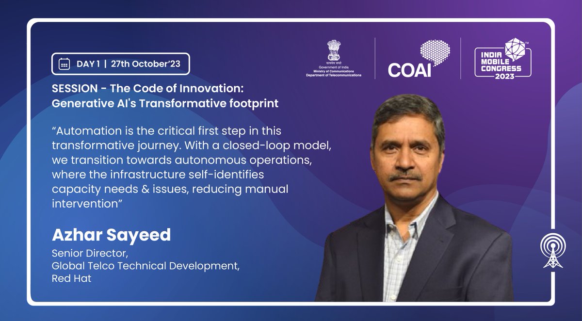 exploreIMC's tweet photo. Azhar Sayeed, Senior Director, Global Telco Technical Development - Red Hat
Session: The Code of Innovation: Generative AI's Transformative footprint at #IMC2023
#GlobalDigitalInnovation #RedHatAtIMC
@ConnectCOAI @DoT_India @RedHat https://t.co/bXSumcTlXk