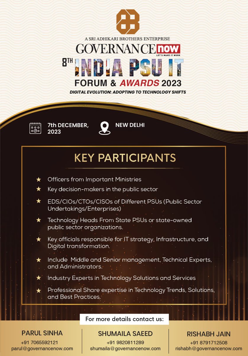 bygovernancenow's tweet image. 🌐 Join the @governancenow 8th PSU IT Forum 2023! 🤝

We&apos;re delighted to extend a cordial invitation to representatives from ministries, #State and #Central PSUs, and #TechnologyExperts to be part of our 8th PSU IT Forum 2023

📆 Date: 7th December 2023
📍 Location: New Delhi