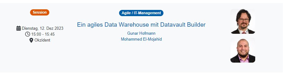 #IT-Tage 2023 vom 11.-14.12.2023

Synetgris Vortrag auf der IT-Tage:
Gunar Hofmann und Mohammed El-Mojahid: „Ein agiles Data Warehouse mit Datavault Builder“

#kongresshaus Kap Europa Frankfurt #DataWarehouse #DataVault 2.0 #agile #itmanagement #syntegris